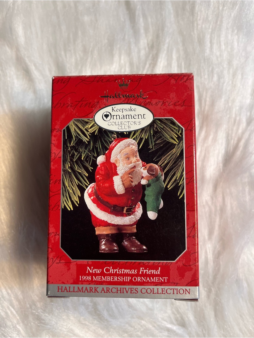 Hallmark Red and Green Santa 'New Christmas Friend' Ornament Box
